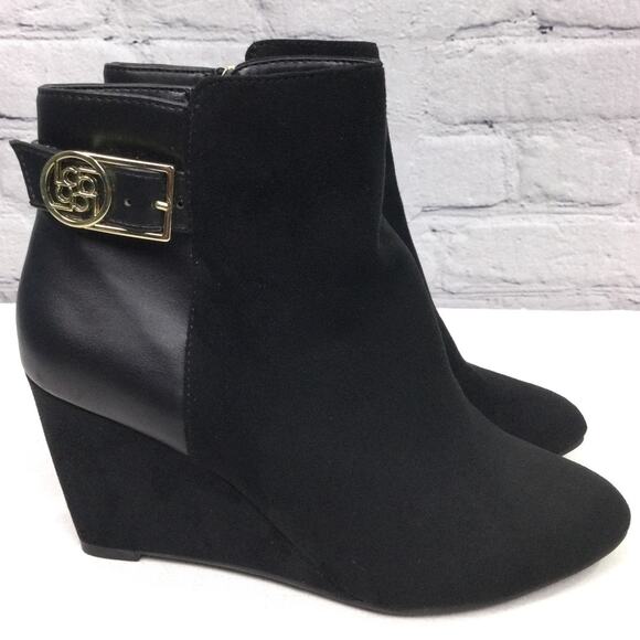 Liz Claiborne Vegan Leather Memory Foam Wedge Gold Tone Buckle Ankle Bootie 7M - Picture 5 of 13